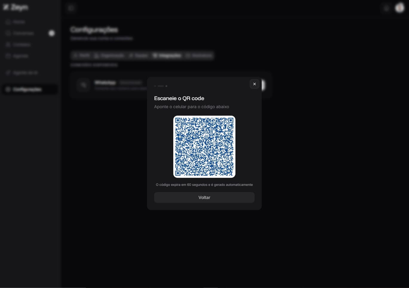 Tela de conexão do WhatsApp via QR code