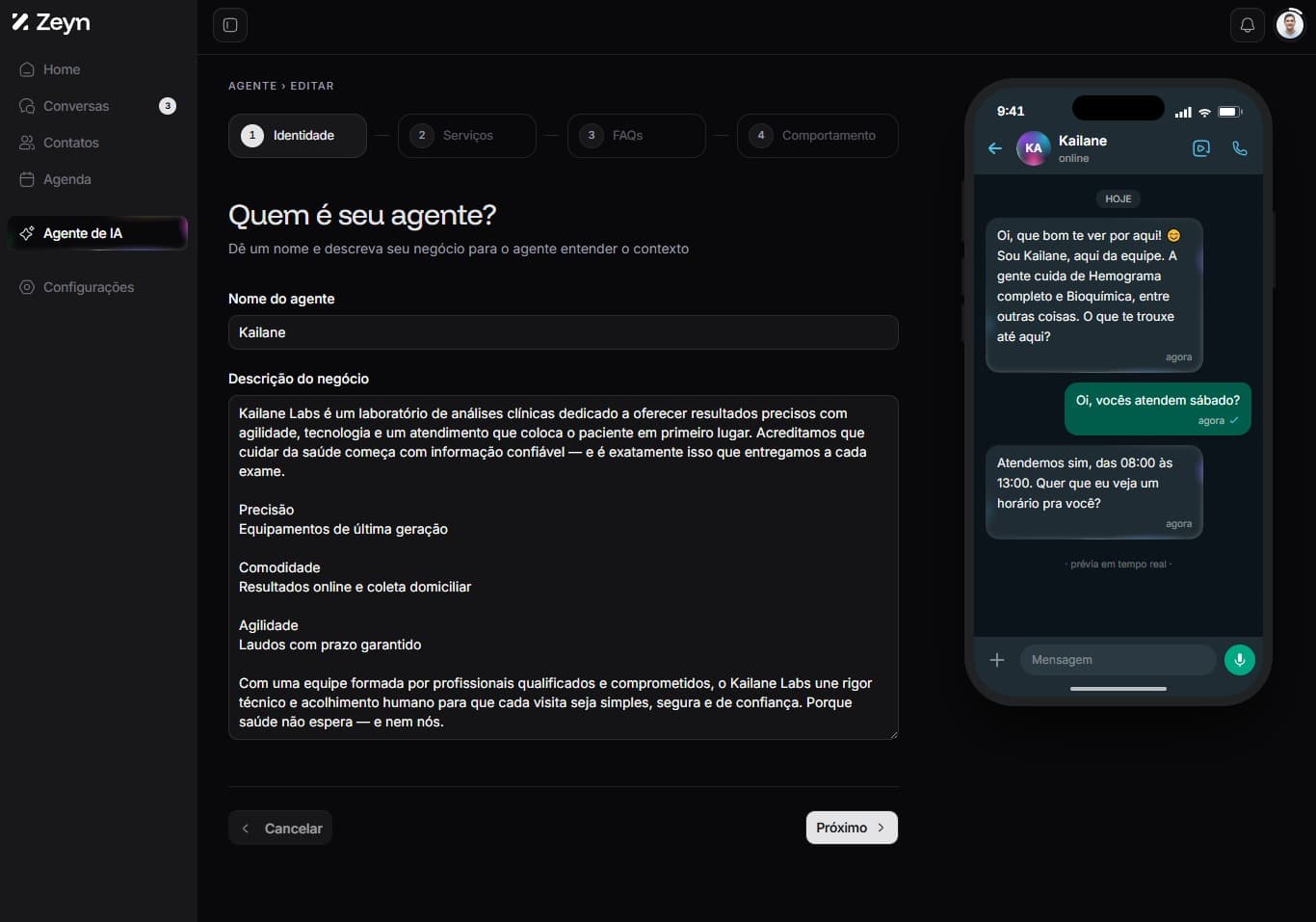 Tela de cadastro de informações do negócio