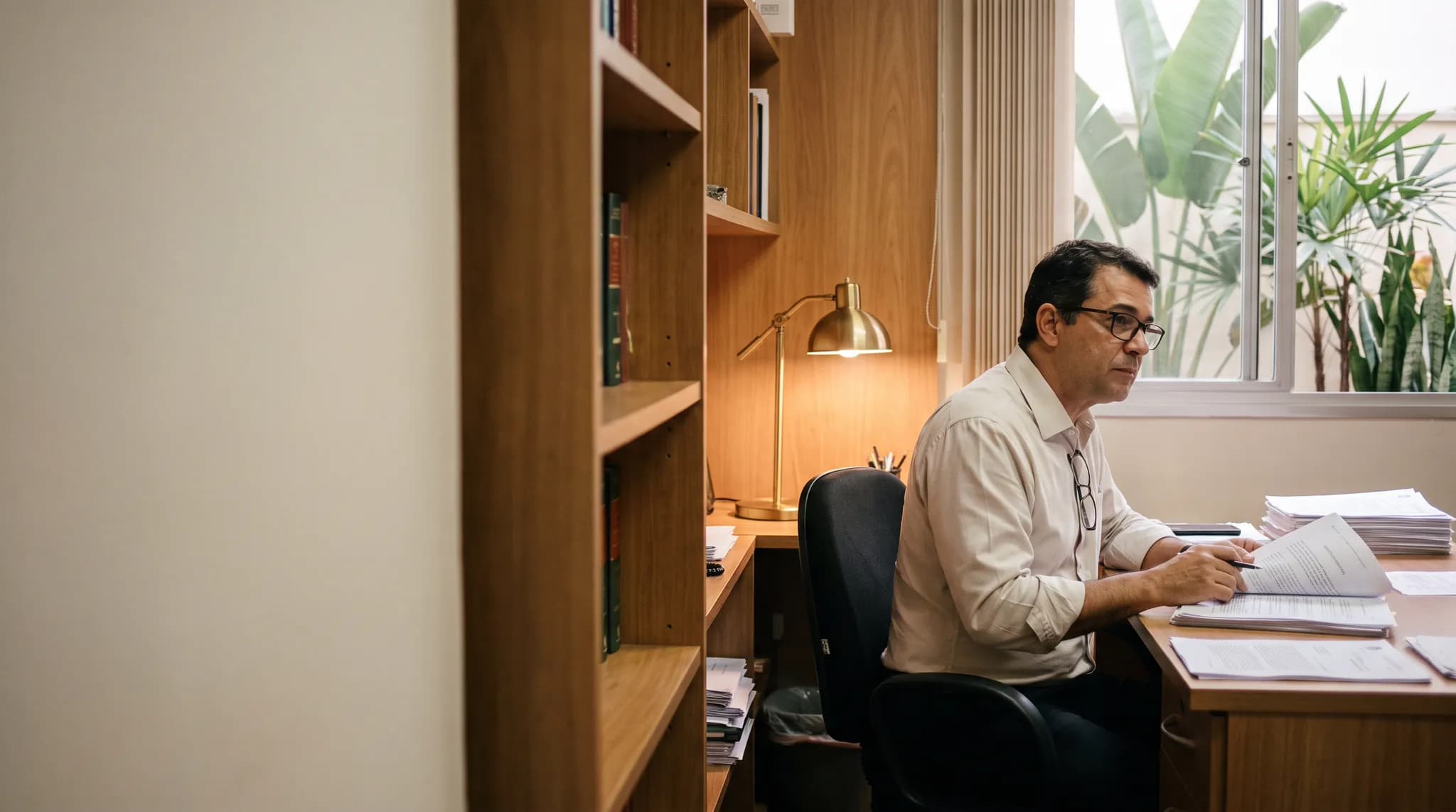 Advogado revisando documentos no escritório
